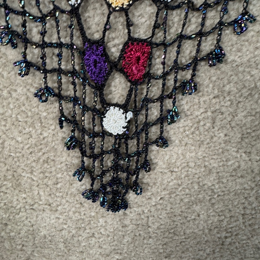 Artsy Crochet Shawl Women One Size Black Multi Color Beaded Fringe Boho Wrap - Picture 4 of 10
